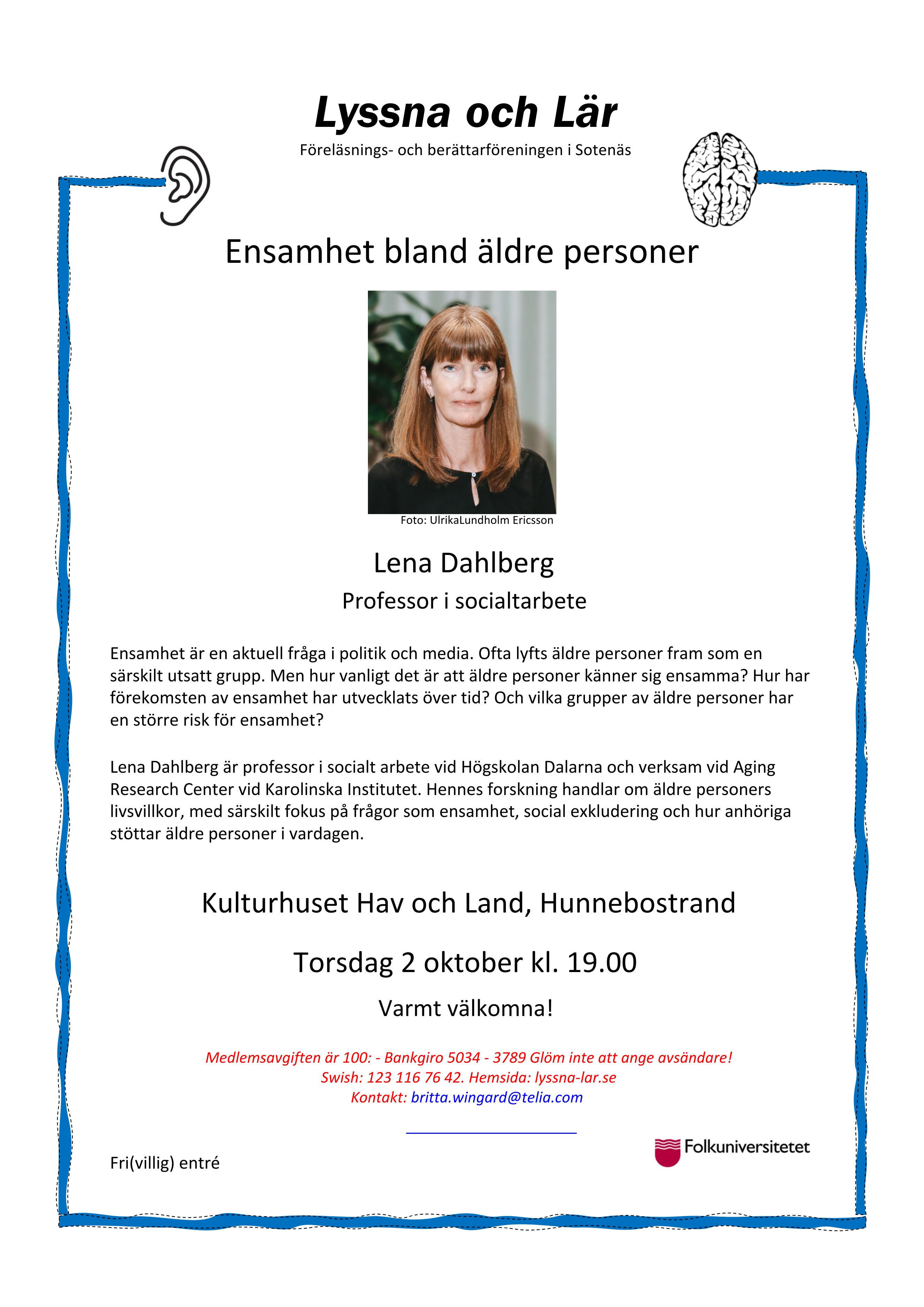 Affisch: Föredrag Lena Dahlberg